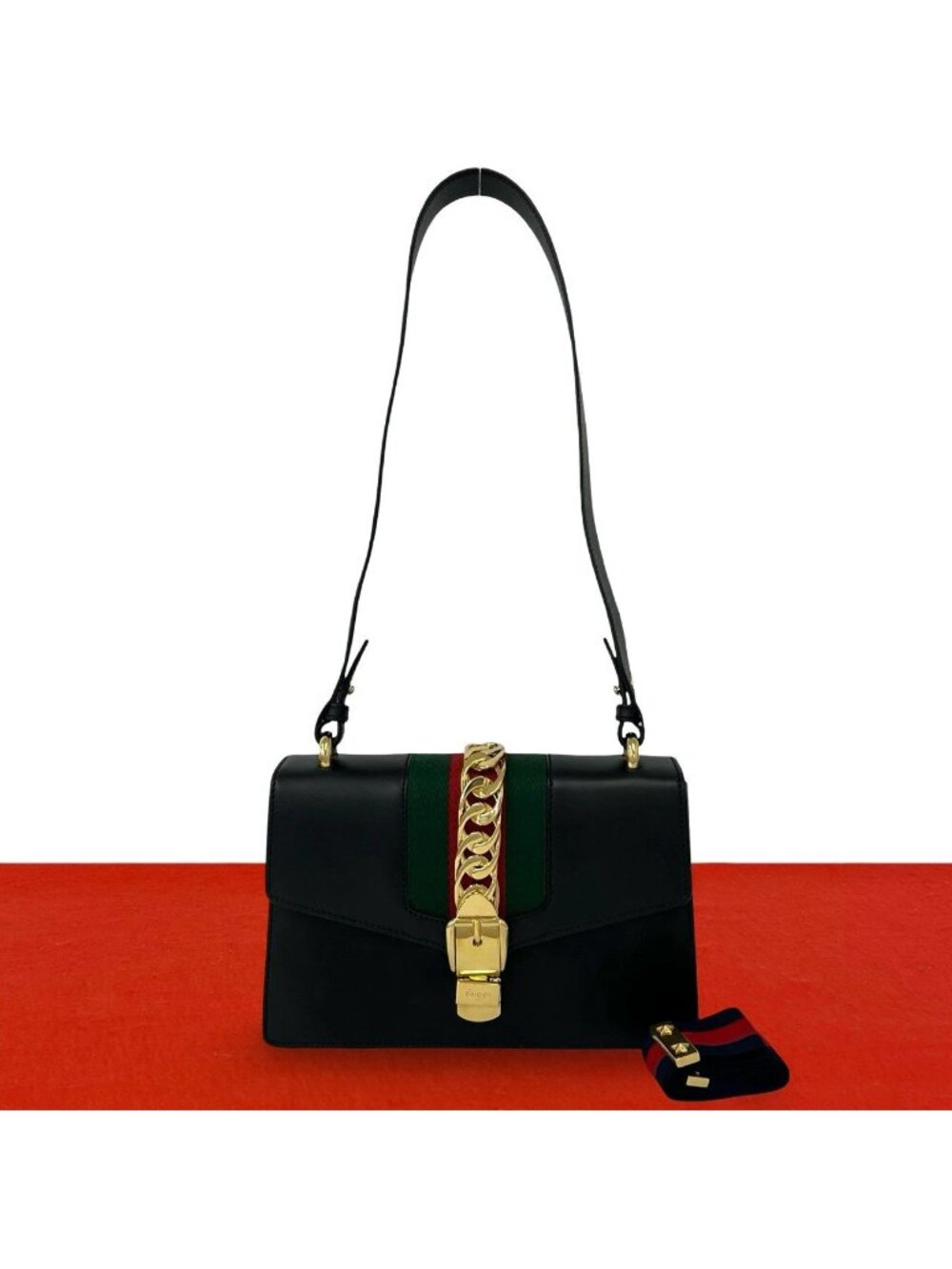 Gucci Sylvie Sherry Line Logo Leather Shoulder Bag Cross Navy